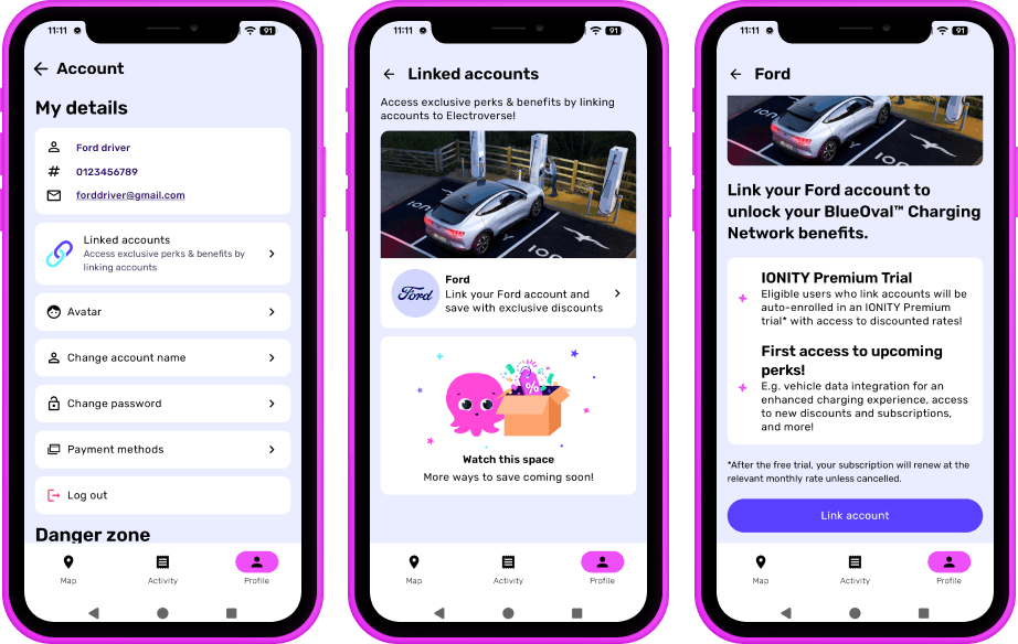 Three smartphone screens display a car app interface, showing account details, linked accounts, and a promotion for linking a Ford account.