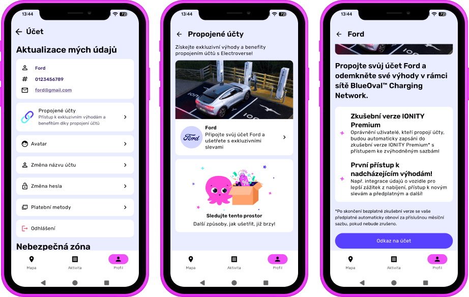 tři smartphony s aplikací Octopus Electroverse pro nabíjení. Pokyny k propojení účtu Electroverse a Ford.