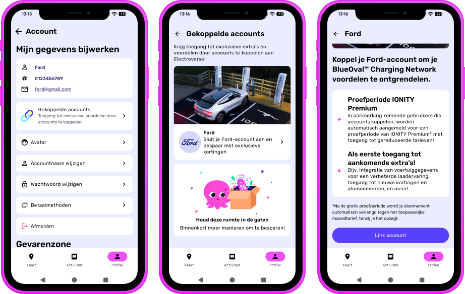 Drie smartphones waarop de Octopus Electroverse-oplaadapp wordt weergegeven. Instructies voor het koppelen van een Electroverse- en Ford-account.