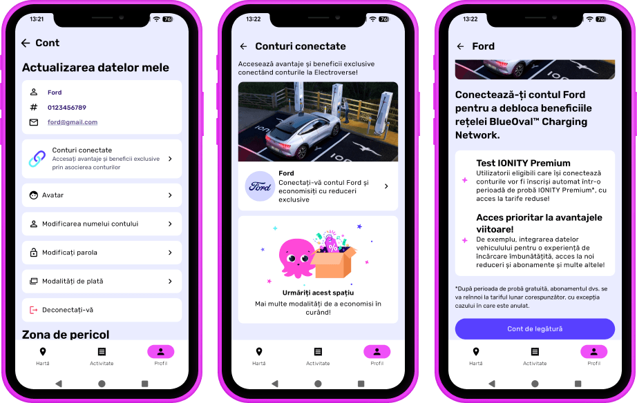 trei smartphone-uri care afișează aplicația de încărcare Octopus Electroverse. Instrucțiuni privind conectarea unui cont Electroverse și Ford.