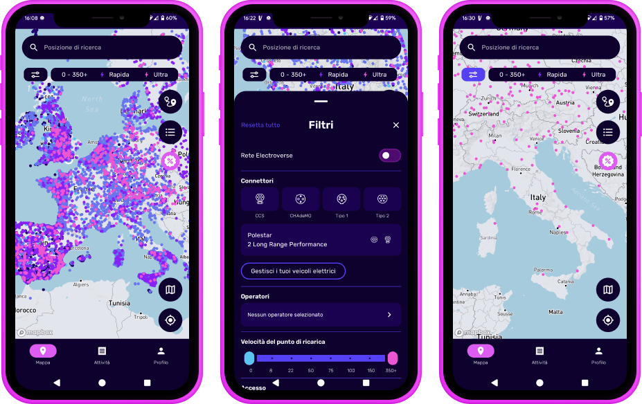 Interfaccia dell'app mobile che mostra una mappa delle stazioni di ricarica per veicoli elettrici in tutta Italia e informazioni dettagliate per filtrare la mappa delle stazioni di ricarica.