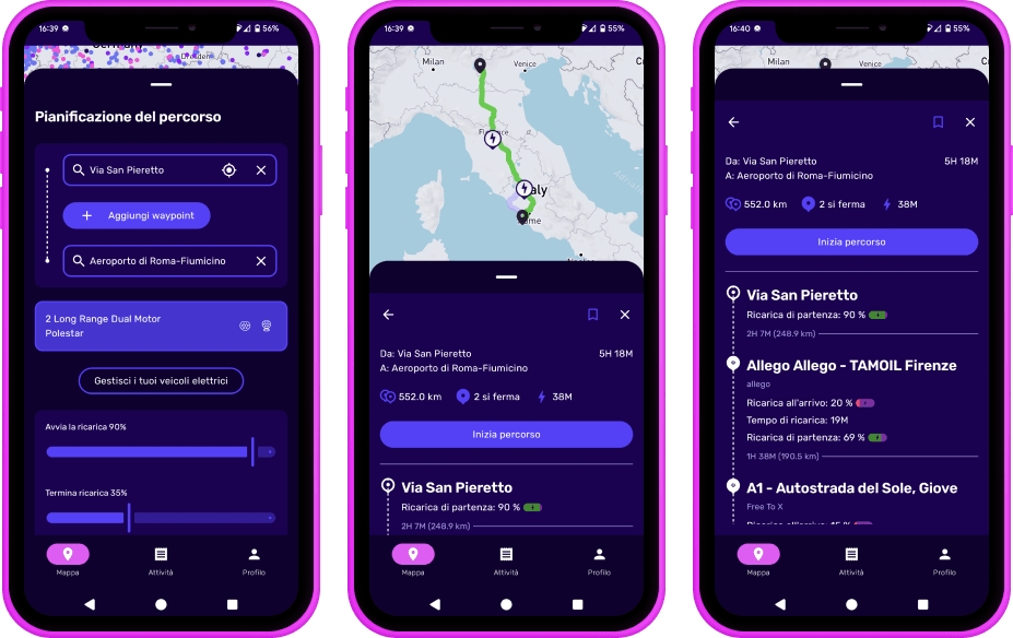 Tre schermi di smartphone mostrano un'app di navigazione con un percorso da Milano a Roma, comprese le fermate, i tempi di percorrenza e le stazioni di ricarica.