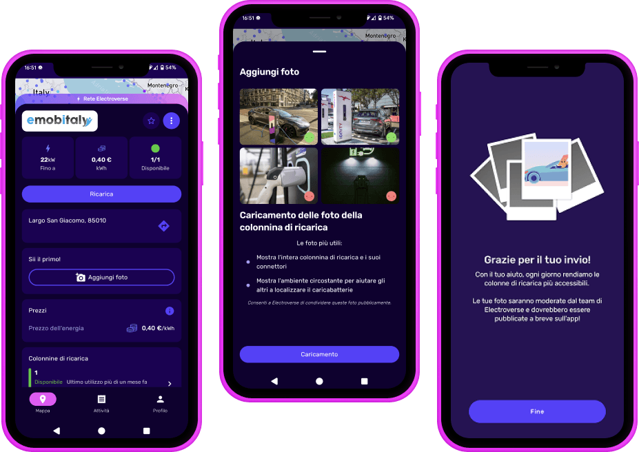 Tre schermi di smartphone mostrano l'interfaccia di un'app per la ricarica dei veicoli elettrici, con dettagli sulla posizione, caricamento di foto e conferma dell'invio.