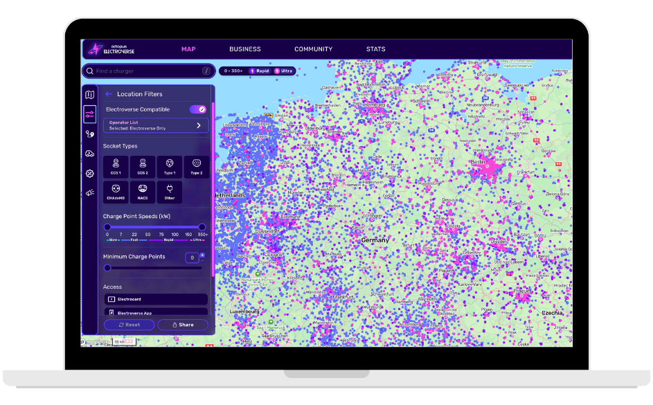 A laptop screen shows an electric vehicle charging station map interface with filters and location markers highlighted in purple and blue.
