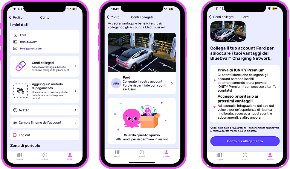 Tre smartphone con l'app di ricarica Octopus Electroverse. Istruzioni su come collegare un account Electroverse e Ford.
