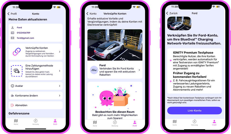 Drei Smartphones, auf denen die Octopus Electroverse-Lade-App angezeigt wird. Anweisungen zum Verknüpfen eines Electroverse- und eines Ford-Kontos.