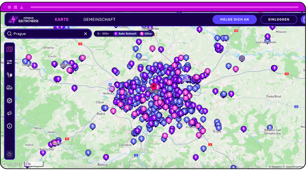 Karte von Prag mit zahlreichen violetten und rosafarbenen Standortmarkierungen, die rund um die Stadt verteilt sind und auf verschiedene Sehenswürdigkeiten hinweisen.