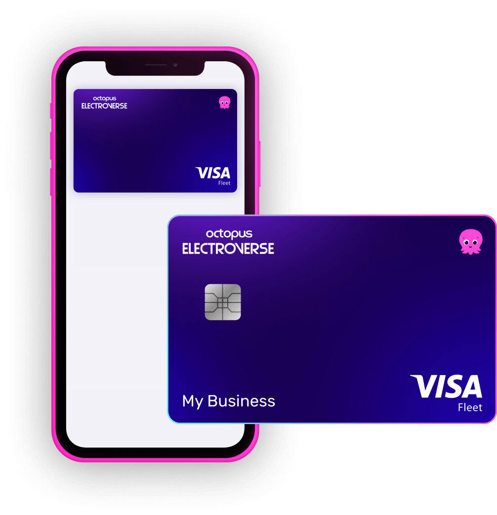 A purple VISA Fleet card labeled "Octopus Electroverse" is displayed beside a smartphone showing the same card.