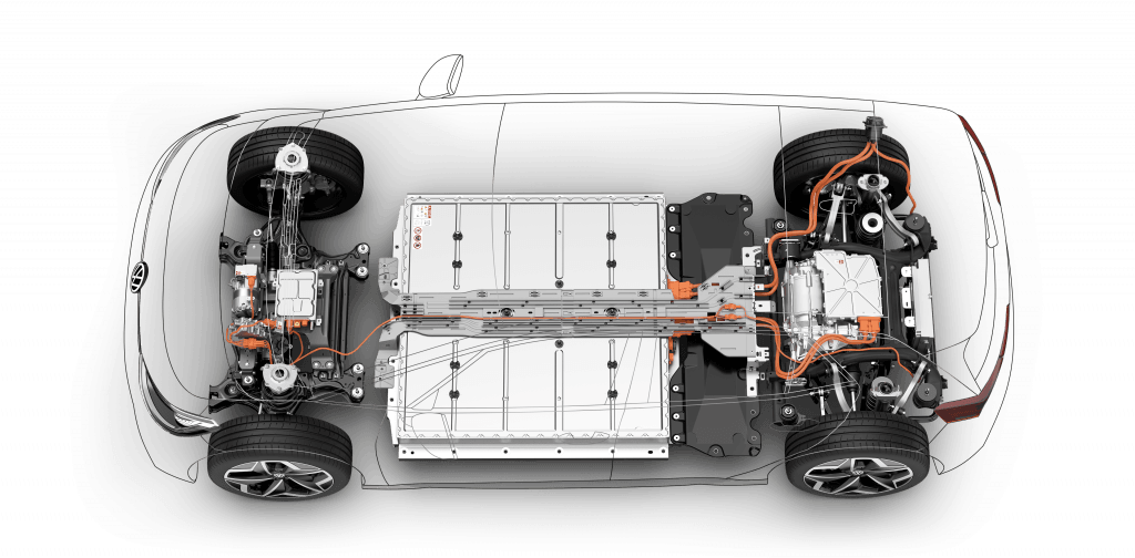 Draufsicht auf den Innenaufbau eines Elektrofahrzeugs, die Batteriepacks, Verkabelung und mechanische Komponenten auf einem transparenten Fahrzeugumriss zeigt.