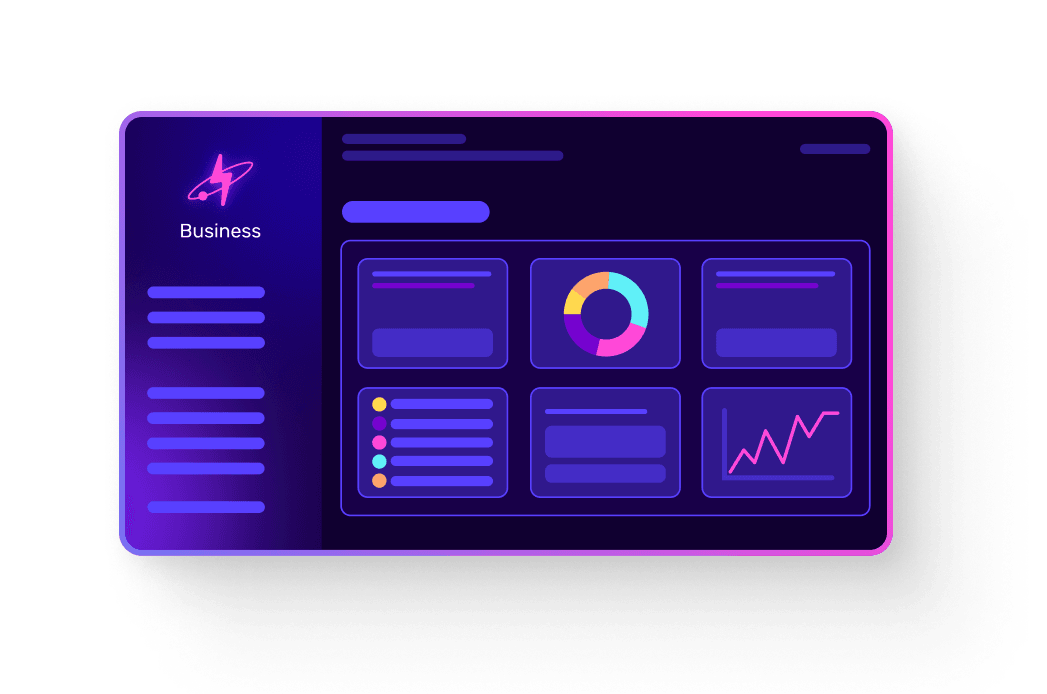 A digital dashboard with a purple theme displays charts, graphs, and menu items labeled "Business" on the left side.