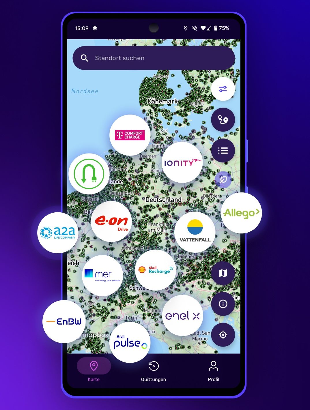 Viele Logos von Ladestationsbetreibern sind auf der Karte in der Electroverse-App auf einem Android-Telefon verstreut