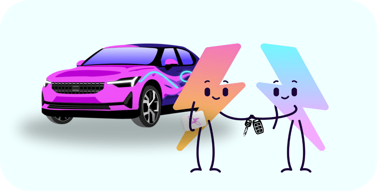 Dos rayos de dibujos animados intercambian llaves de coche delante de un coche rosa vibrante con detalles en azul.
