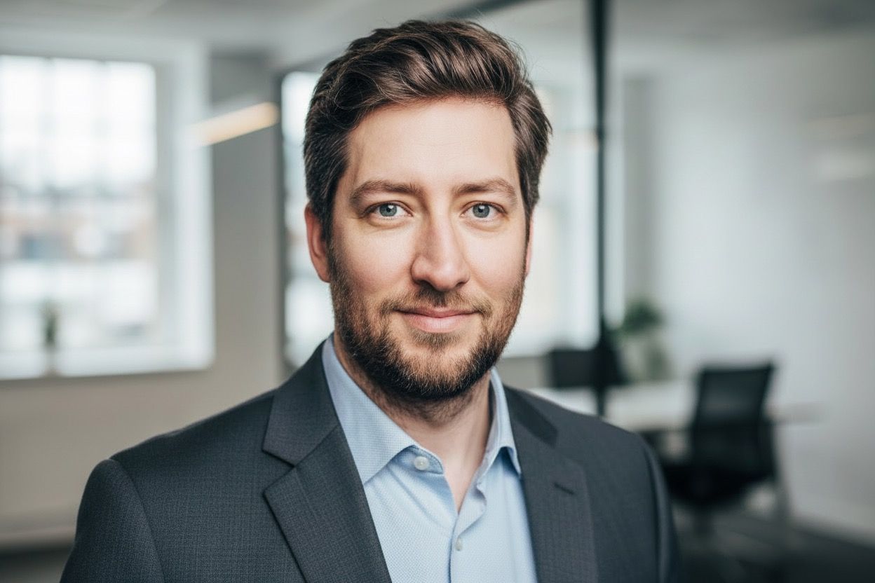 Un homme barbu en costume sourit doucement dans un bureau lumineux. Arrière-plan flou avec des bureaux et des chaises.