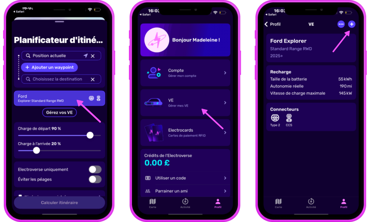 Trois écrans de smartphone affichent une application de recharge de véhicule électrique, Octopus Electroverse, une interface avec la planification de voyage, les détails du véhicule et les informations du profil utilisateur.