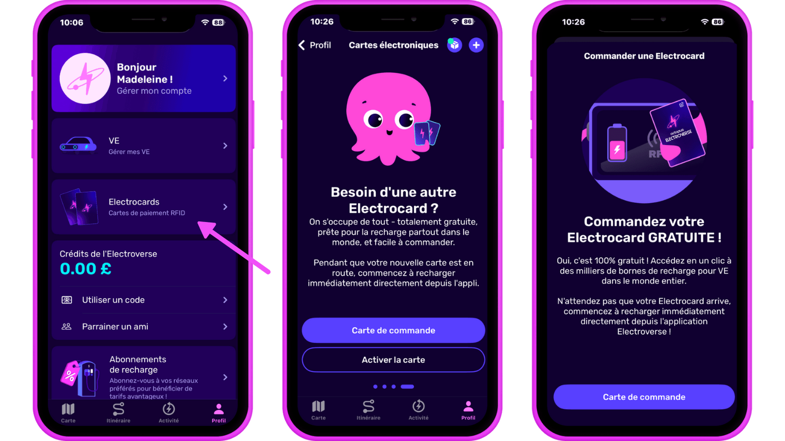 Trois écrans de téléphone d'une application de recharge pour véhicules électriques rose-violette en français montrant la section « Electrocards », une mascotte de pieuvre et des boutons pour commander une carte gratuite.