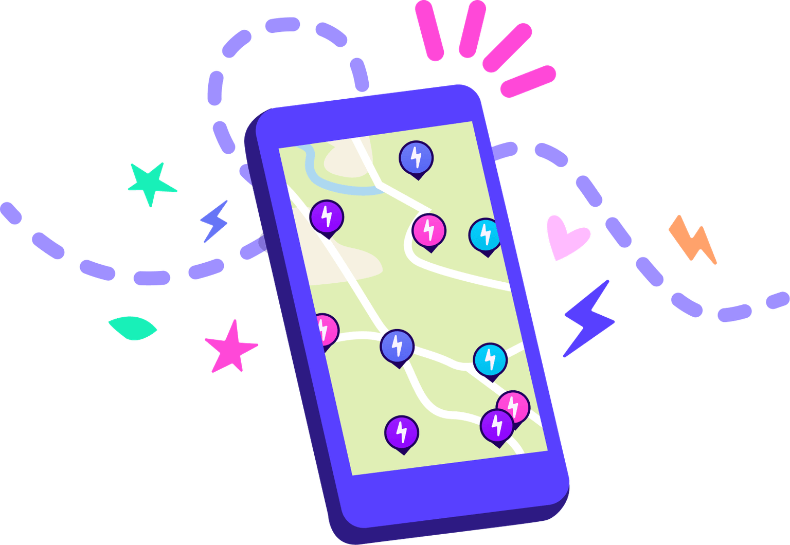 Illustriertes Smartphone, das eine Karte mit bunten Stecknadeln zeigt, die mit Blitzsymbolen markiert sind, mit verspielten Sternen, Herzen und gestrichelten Spuren.
