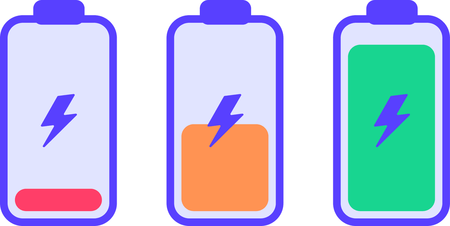 Três ícones de bateria indicando carga baixa, média e cheia, cada um com um símbolo de raio.