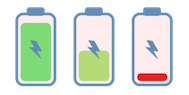 Tre icone della batteria: una completamente carica, una carica a metà e una quasi scarica con una barra rossa.