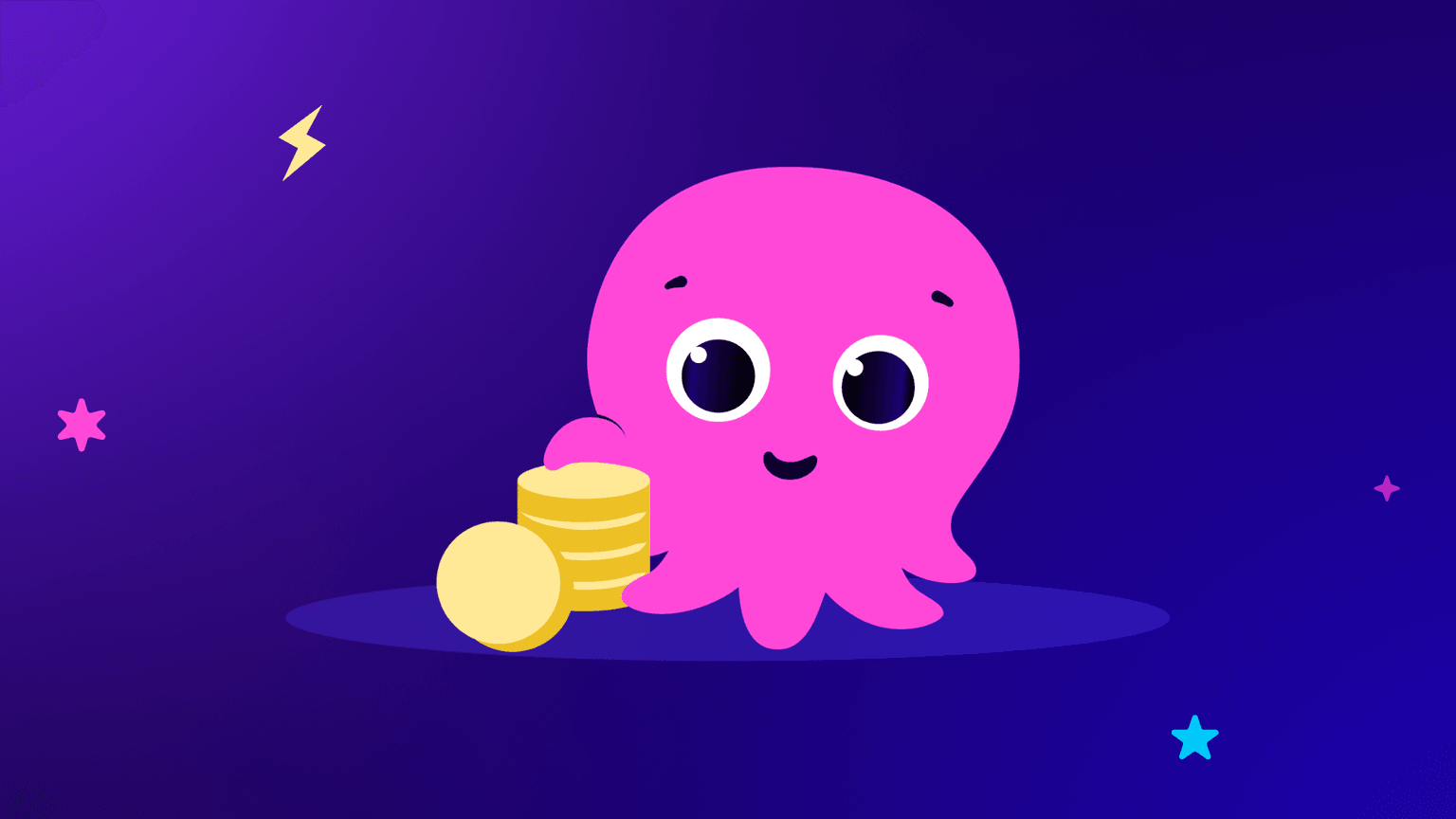 Cute pink octopus holding a stack of gold coins, set against a dark blue background with colorful stars and lightning bolt.