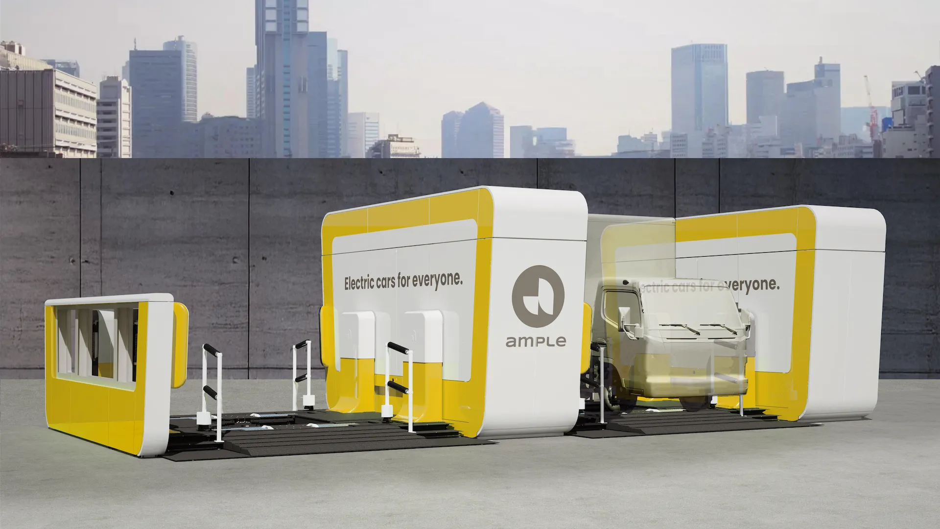 Una moderna estación de carga para vehículos eléctricos con un diseño elegante, que incluye bases de carga y un vehículo en su interior, frente a un horizonte urbano.
