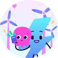 Octopus energy mascot, Constantine, with Octopus Electroverse mascot, Zapman next to wind turbines