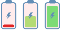 Tre icone di batterie per auto elettriche che mostrano diversi livelli di carica: basso (rosso), medio (parzialmente verde) e pieno (verde), ciascuna con il simbolo di un fulmine.