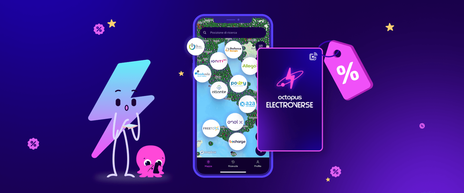 Uno smartphone che mostra una mappa con icone di localizzazione, accompagnato da un personaggio fulmine, un polipo rosa e una carta viola con il simbolo della percentuale.