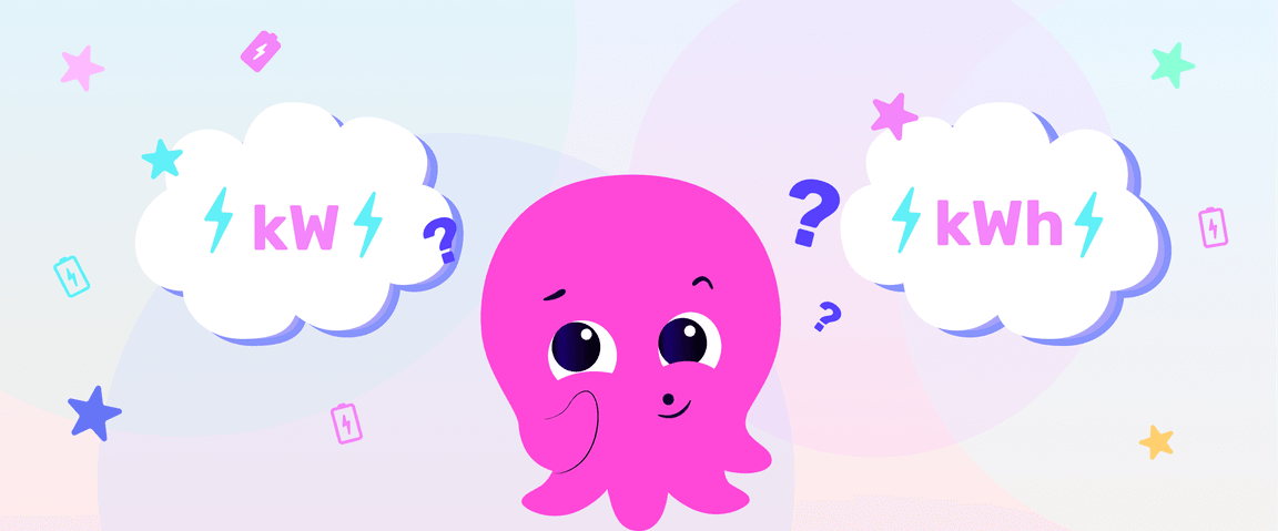 Um polvo rosa intrigado a pensar em «kW» e «kWh», com pontos de interrogação e estrelas num fundo pastel suave.