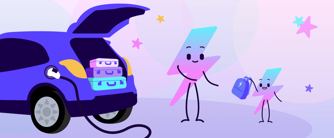Imagen de la mascota de Electroverse, Zapman, cargando un vehículo eléctrico con su familia para un viaje por carretera.
