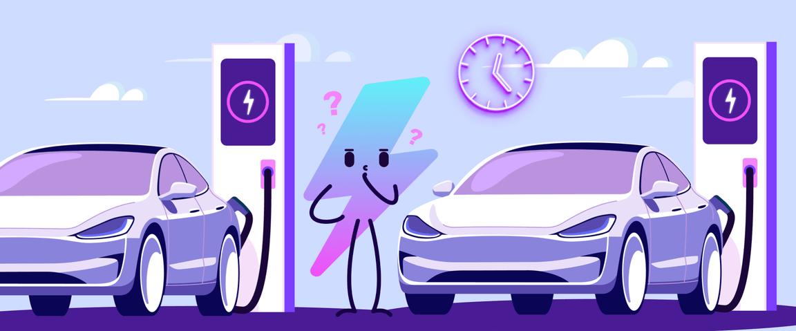 Illustration of two electric cars charging at stations, with a confused lightning bolt character and a clock in the background.