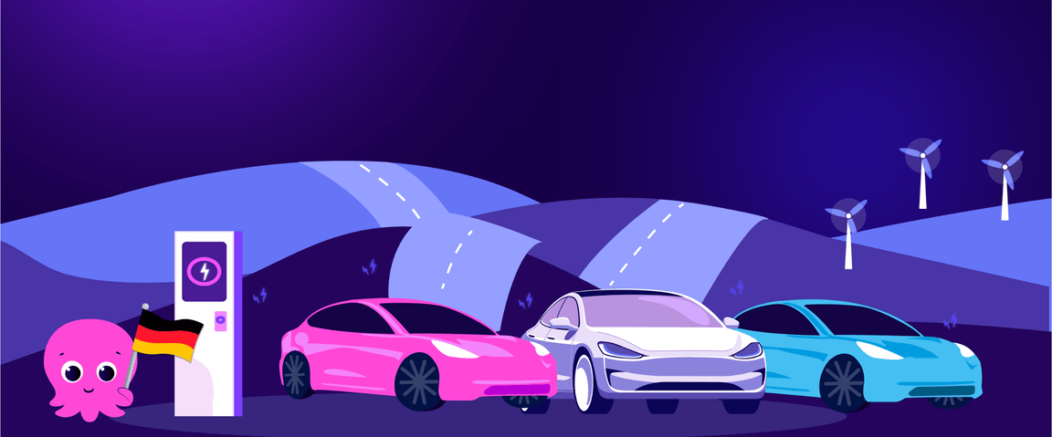 Drei Elektroautos in leuchtenden Farben, die an einer Ladestation geparkt sind, mit einem Oktopus, der eine deutsche Flagge hält, und Windkraftanlagen im Hintergrund.