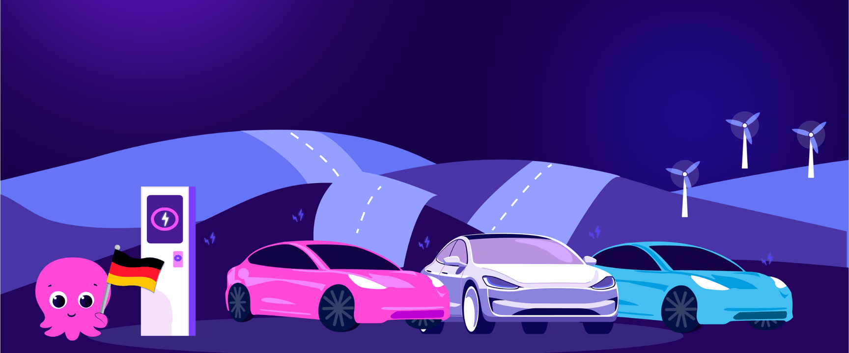 Drei Elektroautos in leuchtenden Farben, die an einer Ladestation geparkt sind, mit einem Oktopus, der eine deutsche Flagge hält, und Windkraftanlagen im Hintergrund.