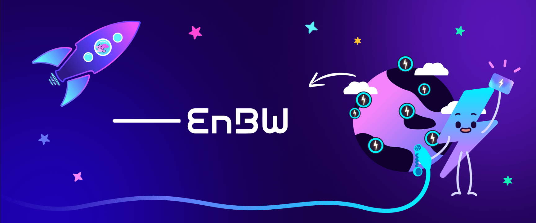 Das EnBW-Logo neben einer rosa-lila Rakete und dem Electroverse-Maskottchen, das ein Ladekabel für Elektrofahrzeuge und eine Electrocard hält, mit einer Animation der Erde mit Ladestiften darauf