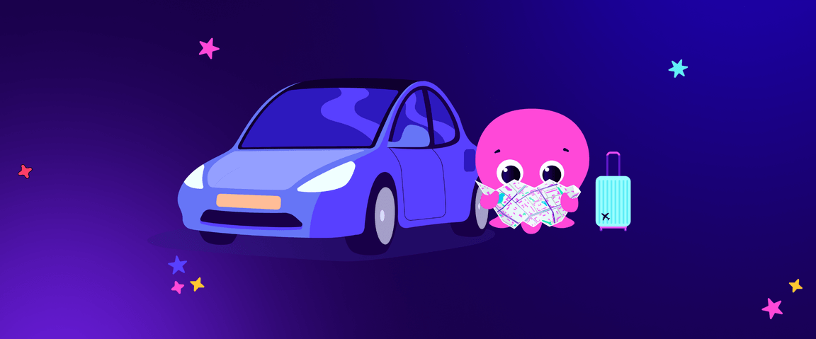 Un lindo pulpo rosado lee un mapa junto a un vehículo eléctrico azul y una maleta, sobre un fondo estrellado y morado.
