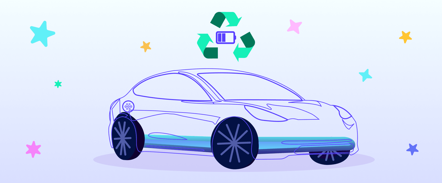 Illustrazione di un'auto elettrica con simboli di riciclaggio sopra di essa, circondata da stelle colorate su uno sfondo chiaro.