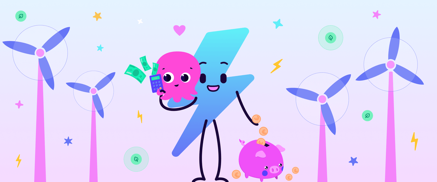 Personaje de dibujos animados de un rayo con un pulpo rosado sosteniendo dinero en efectivo y una calculadora, una alcancía rosa y turbinas eólicas en el fondo.