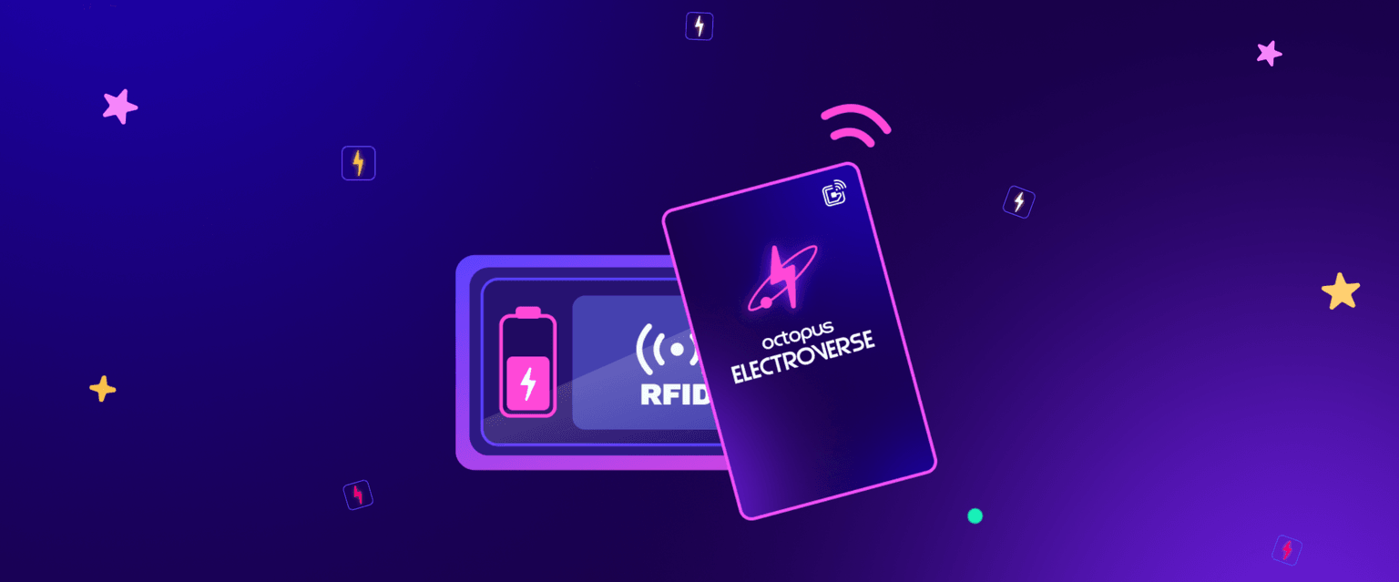 Ilustração digital de um cartão RFID com o logótipo «Octopus Electroverse», rodeado por pequenos ícones sobre um fundo roxo.