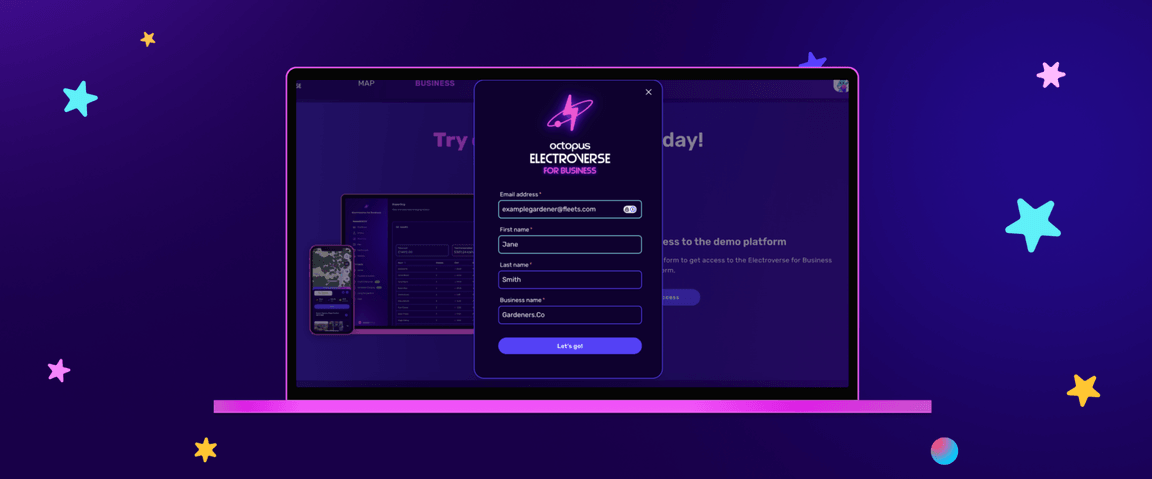 Laptop screen with Electroverse for Business demo access page shown