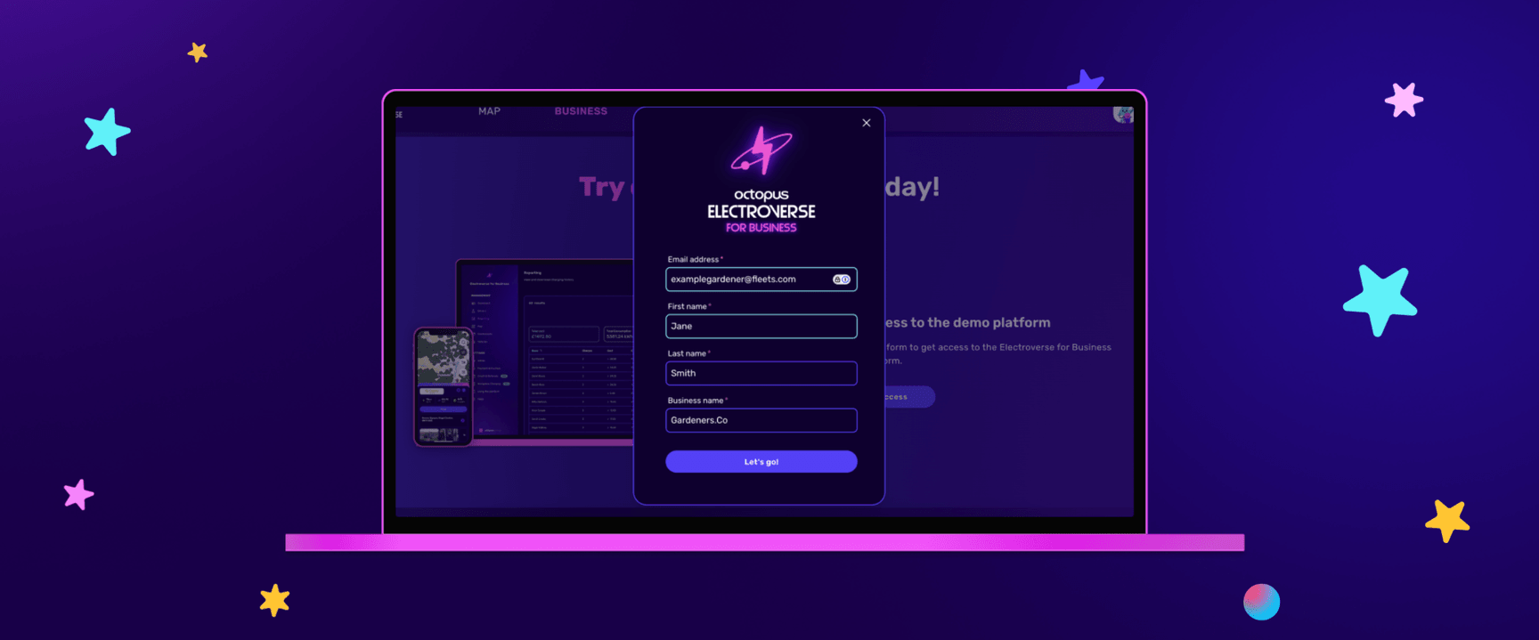 Laptop screen with Electroverse for Business demo access page shown