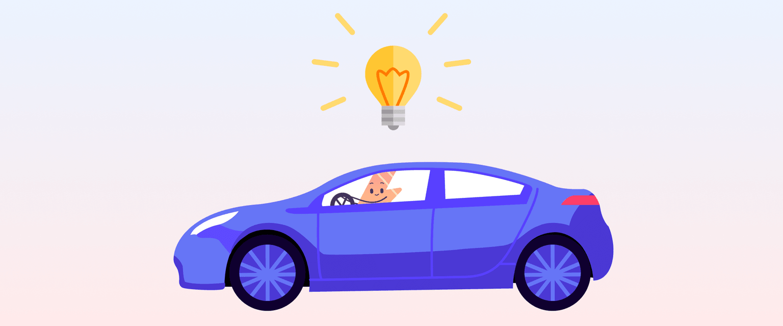 Ilustración de una persona conduciendo un coche azul con una bombilla brillante encima, que simboliza una idea o inspiración.