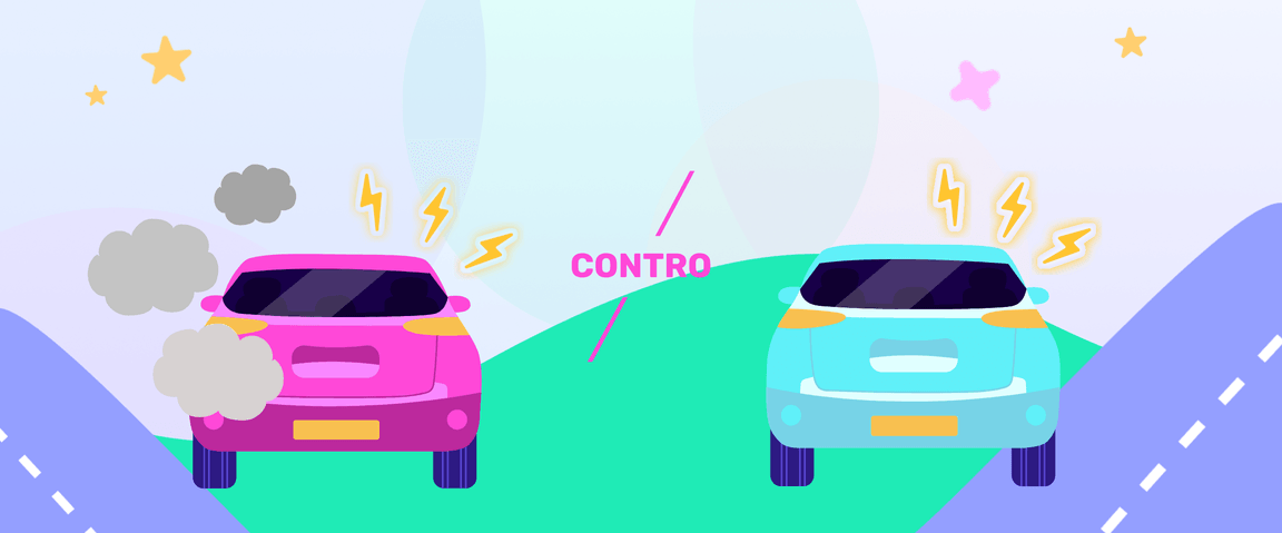 Illustrazione di un'auto ibrida rosa che emette fumo e un'auto blu con simboli elettrici, una di fronte all'altra su una strada, con la scritta “Contro” al centro.