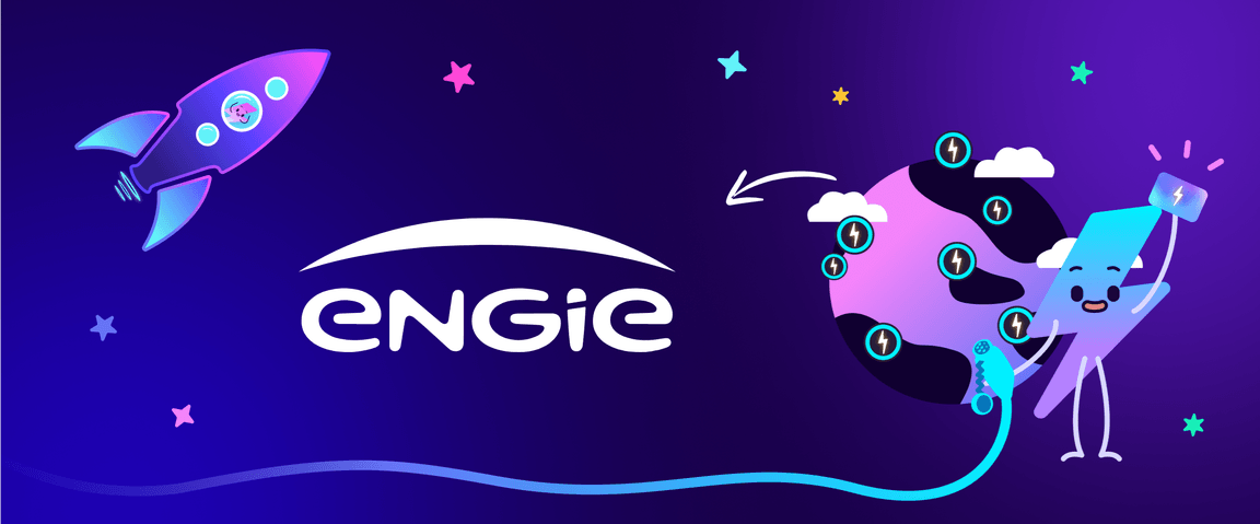 Engie blog header with Engie logo and Electroverse mascot. En-tête du blog Engie avec le logo Engie et la mascotte Electroverse.