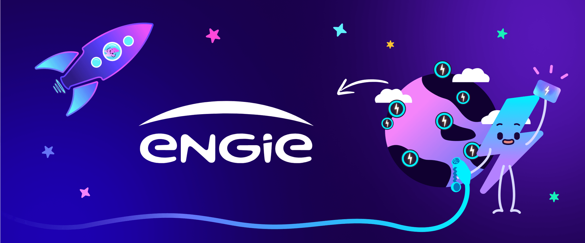 Engie blog header with Engie logo and Electroverse mascot. En-tête du blog Engie avec le logo Engie et la mascotte Electroverse.