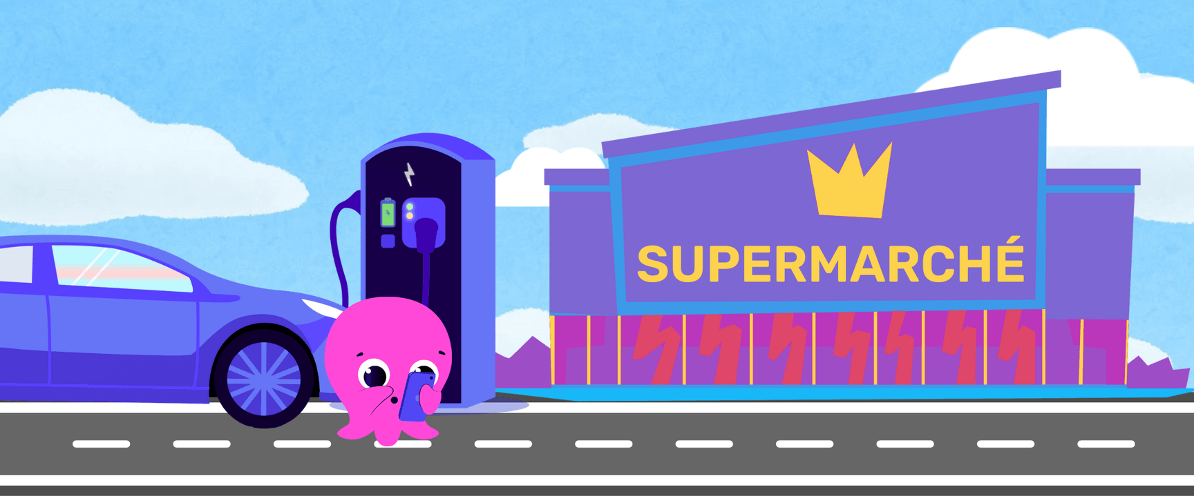 Poulpe de dessin animé à côté d'une borne de recharge pour voiture électrique à l'extérieur d'un supermarché avec un logo en forme de couronne, sous un ciel ensoleillé.