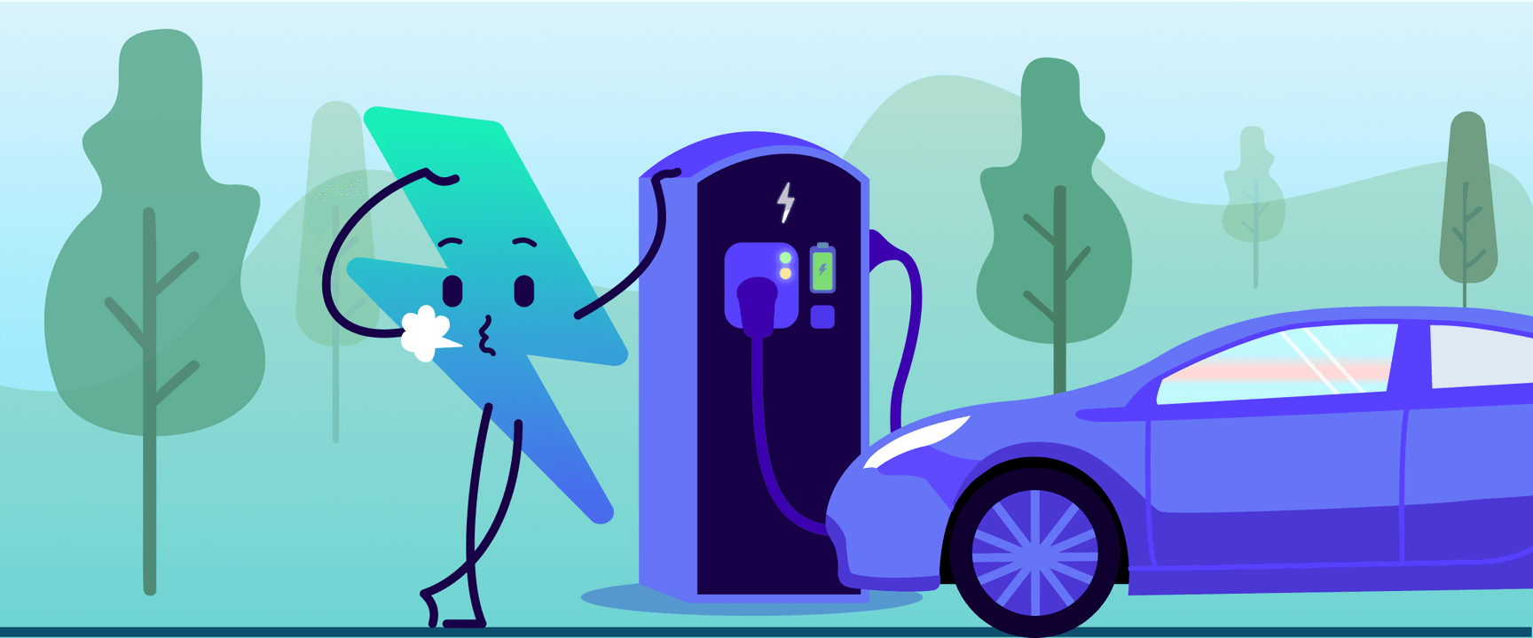 Illustration of a blue electric car charging at a station, with a cartoon lightning bolt character wiping sweat in a forest setting.