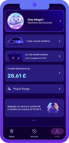 Interfaccia dell'app Octopus Electroverse in italiano con gestione account, veicoli elettrici, crediti e opzioni di referral.