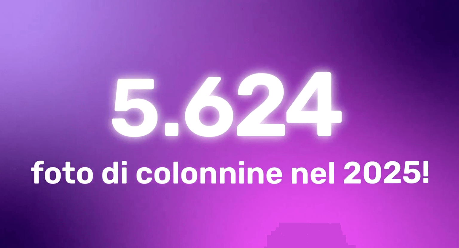 Glowing text shows "5.624 foto di colonnine nel 2025!" on a purple gradient background.