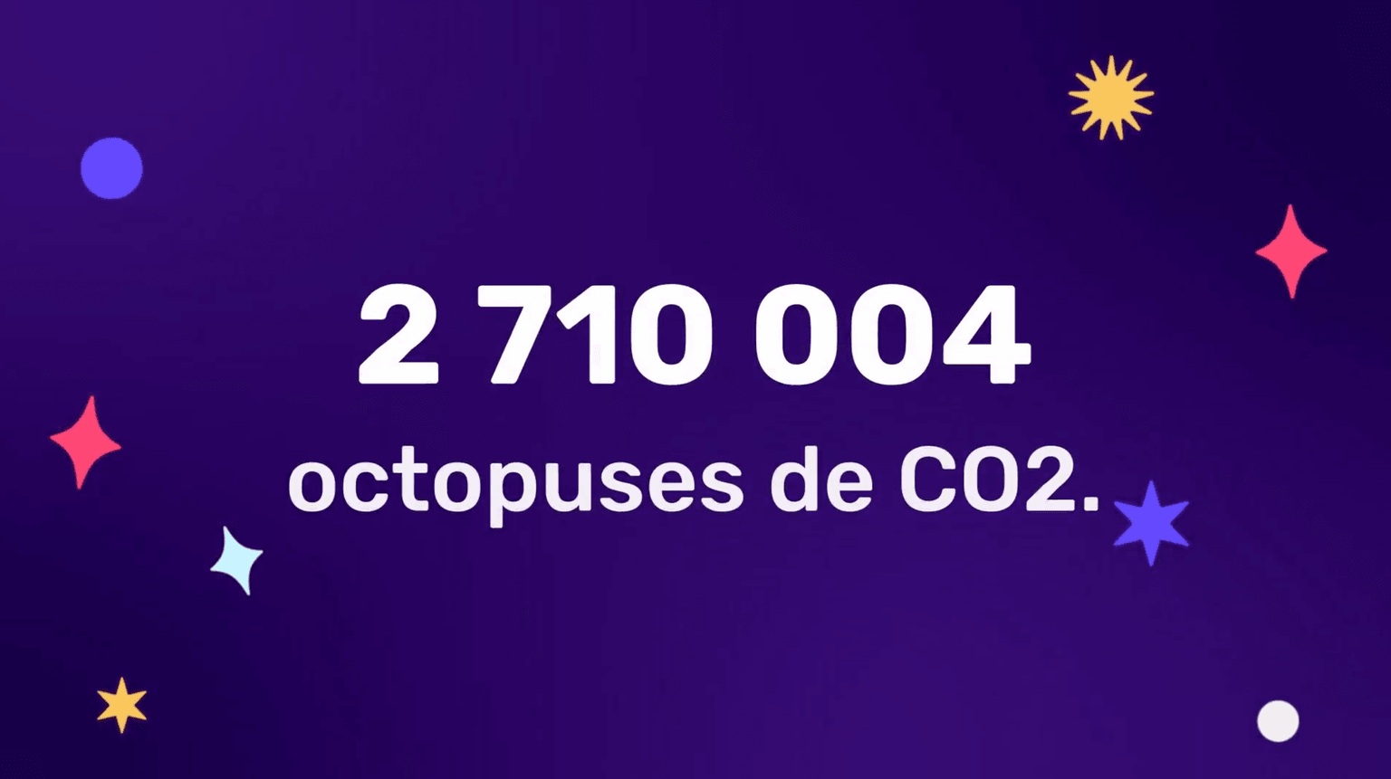 Texte « 2 710 004 pieuvres de CO2 » sur fond violet avec des décorations colorées en forme d'étoiles.