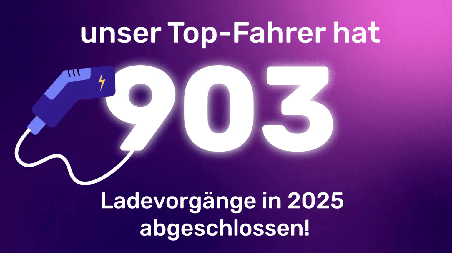 Text in Deutsch auf violettem Hintergrund: „Unser Top-Fahrer hat 903 Ladevorgänge im Jahr 2025 abgeschlossen!“ mit einem Ladestecker-Symbol.