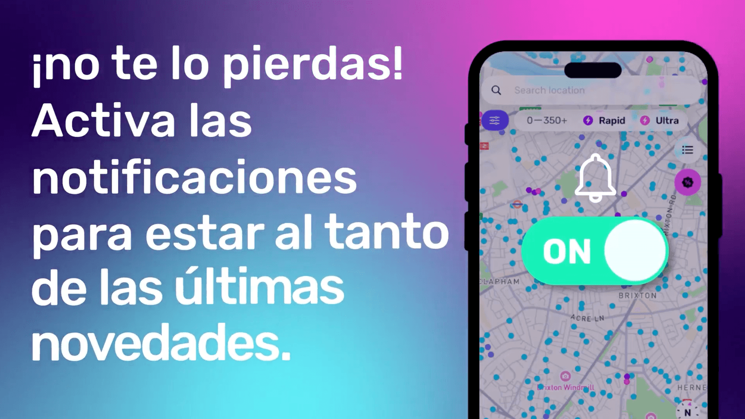 Teléfono inteligente que muestra una aplicación de mapas con un aviso de notificación. El texto en español anima a activar las notificaciones para recibir actualizaciones. Fondo con degradado de morado a azul.